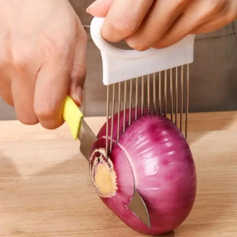 Kitchen Gadgets Cutting Tools - Stainless Steel Onion Cutter Holder Food